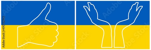 Thumb up against the national colors of the flag of Ukraine.