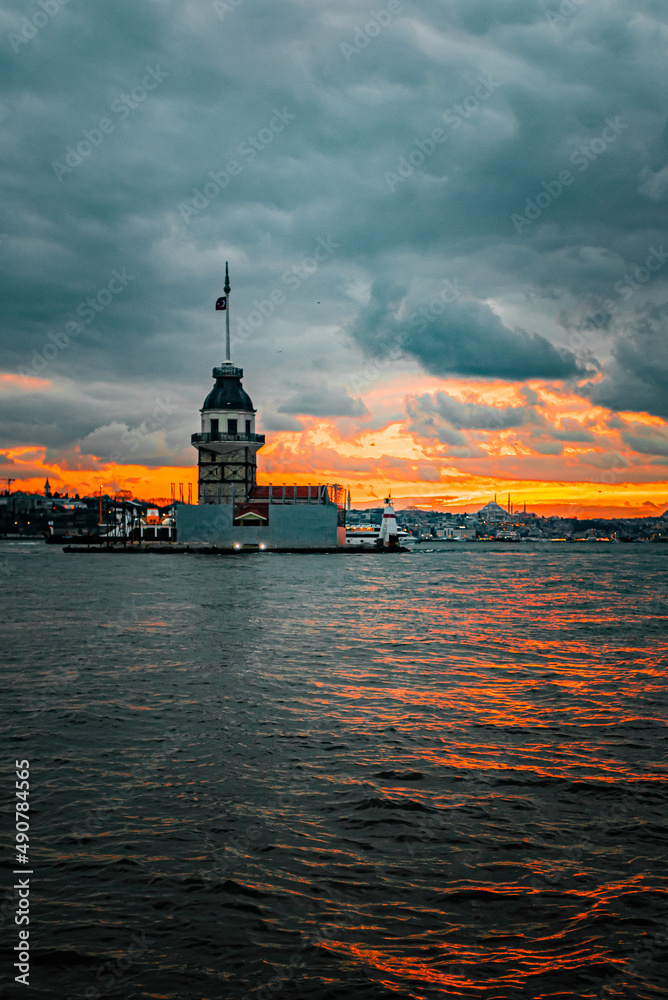 Maiden's tower sunset over the sea in Istanbul 