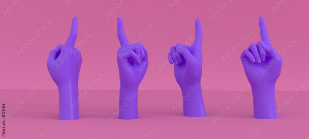 3D illustration of a row of hand models making pointing gesture that are indicating a location or object. 