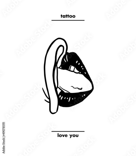 female mouth licking ear tattoo line drawing