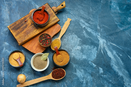 Composition with different spices and wooden boards on color background