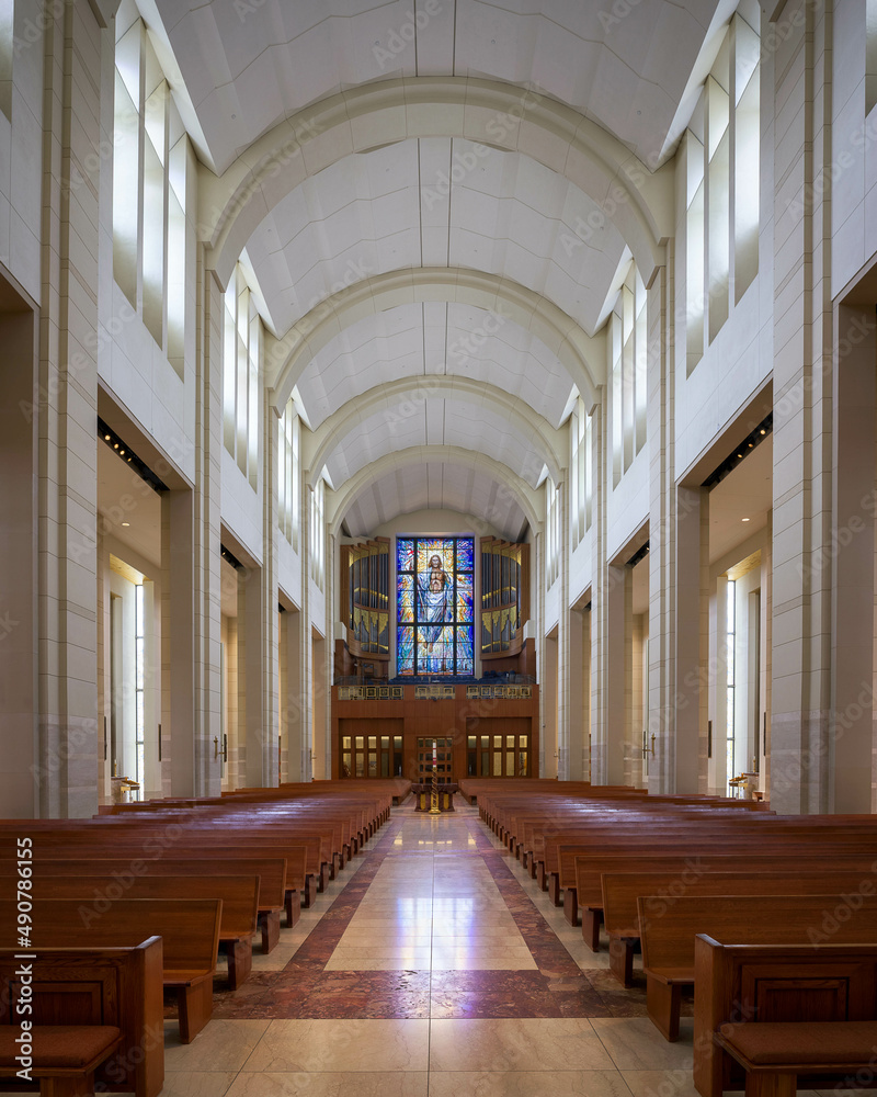Interior view of the rear of the Co-Cathedral of the Sacred Heart Catholic church in downtown Houston, Texas