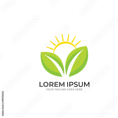 Hand and leaf  sun logo vector template.