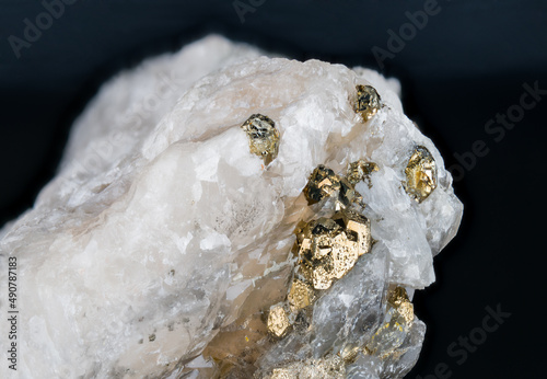 Canvas Print Iron pyrite mineral in white natural quartz detail on black background