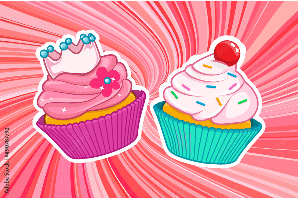 A collection of cupcakes with different flavors of cherries and a strawberry A collection of cupcakes with different flavors of cherries and a strawberry