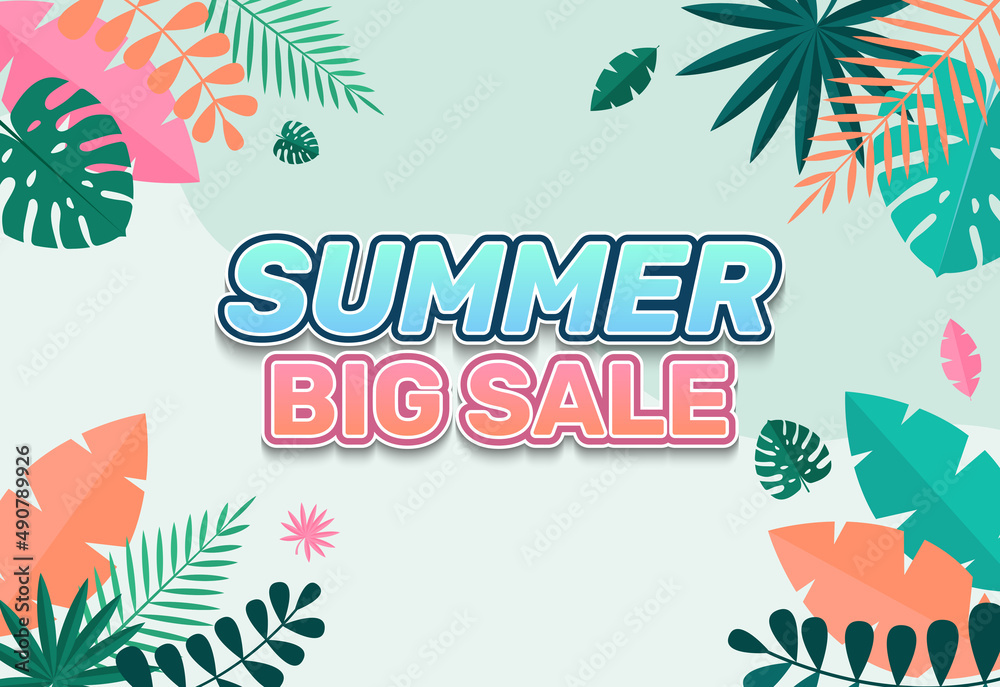 Summer big sale background with tropical leaves. Illustration