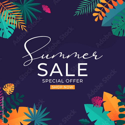 Summer sale background with tropical leaves. Illustration