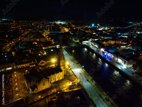Ballina Town at night time from above drone footage Co Mayo Ireland
