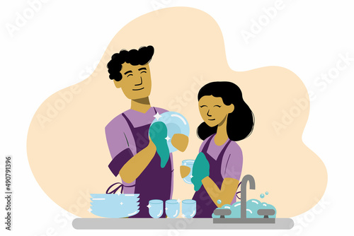 Couple washing dishes together. Latin couple doing housework together. Vector illustration