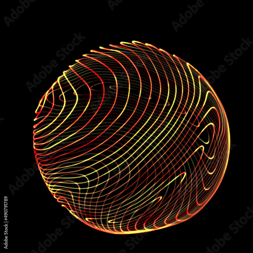 Wireframe red sphere with twisted lines. Futuristic technology circle with twisted glowing lines. Abstract 3d logo. Illustration of curled stripes shape.