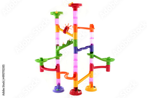 ball track toy plastic color big white background