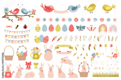 A set of cute decorative elements for Easter and spring. Flowers, birds, eggs, Easter bunnies, rainbows. Collection of cartoon decorative elements. Vector illustration isolated on a white background.
