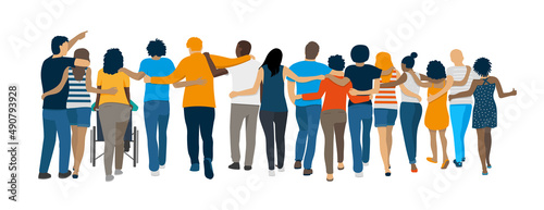 Illustration panoramique représentant un groupe d'amis qui se soutiennent les uns les autres et qui vont de l'avant vers l'avenir. Concept de solidarité et d'entraide. Groupe multi racial.