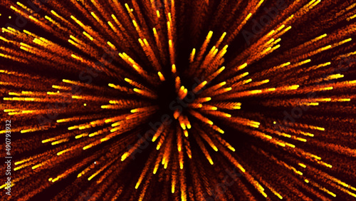 Particle circular explosion. Red and yellow strabust in universe. Abstract data flow background for event, party, carnival, celebration or other. 3D rendering.