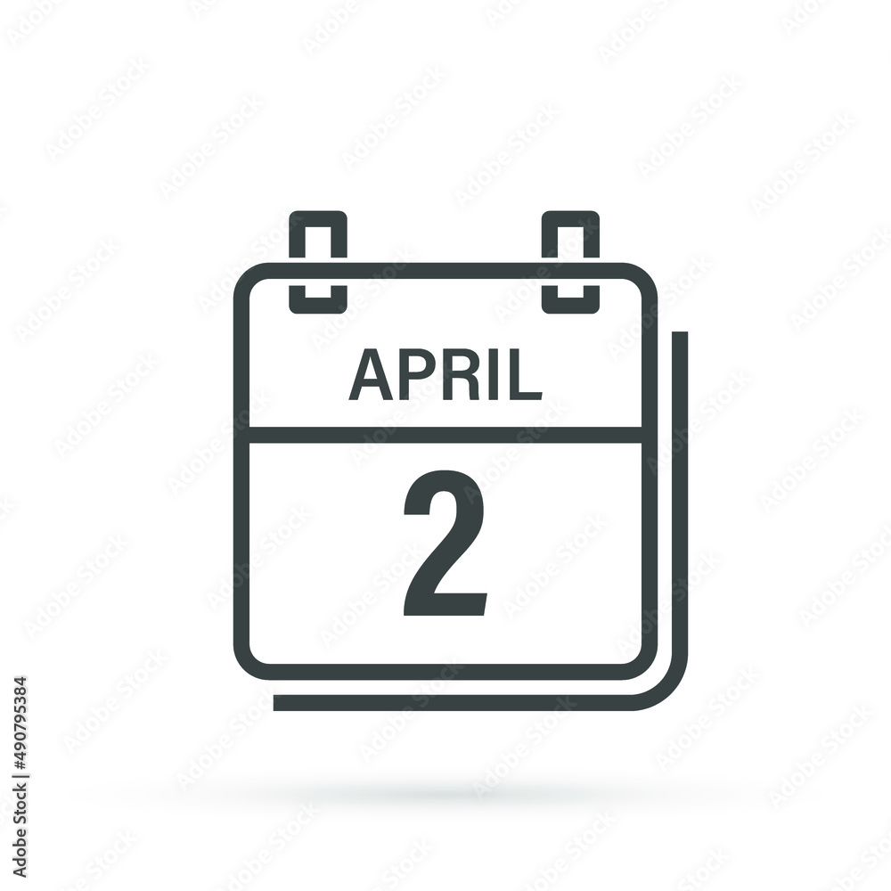 April 2, Calendar icon with shadow. Day, month. Flat vector illustration.