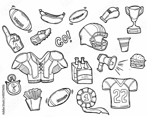 Doodle American Football Icons set. Rugby football. Spring sports