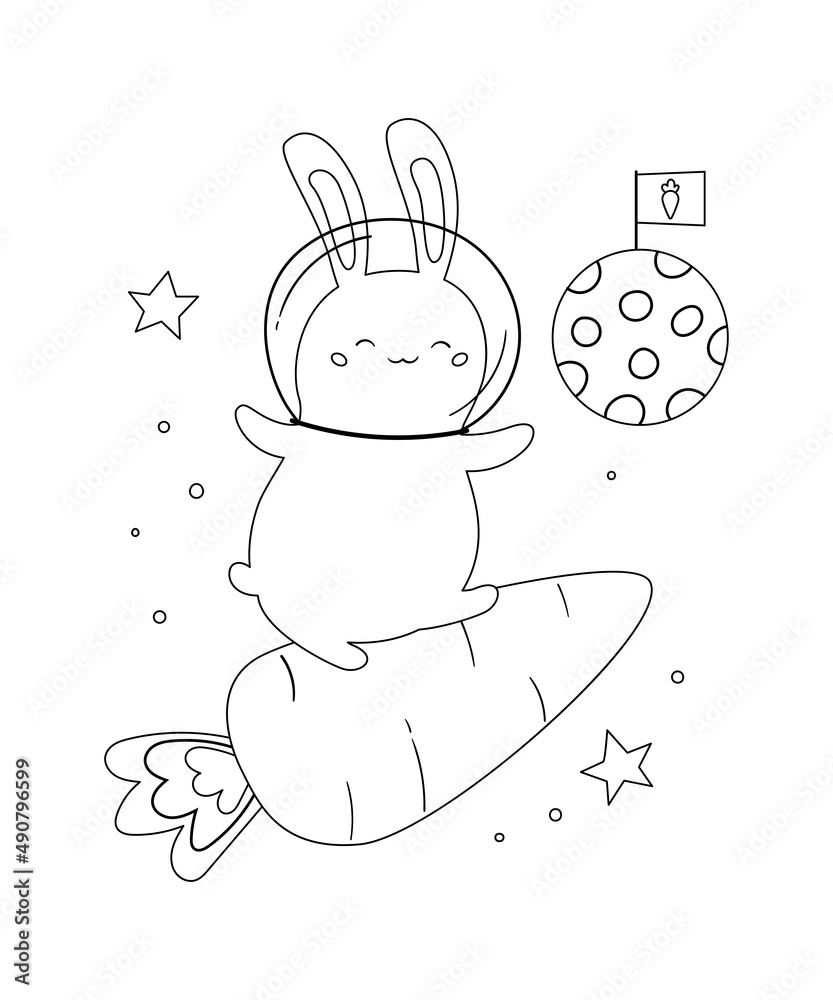 Coloring page with cute rabbit on carrot spaceship. Cartoon space bunny