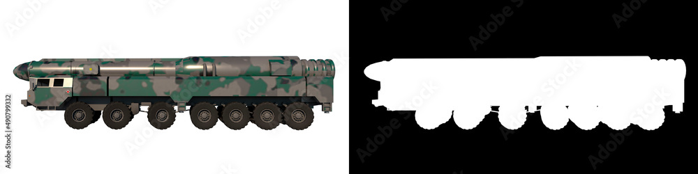 Nuclear Missile Launch Truck 1 - Lateral view white background alpha png 3D Rendering Ilustracion 3D	