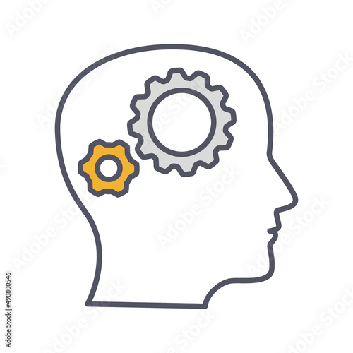 Development solution thin Line Icon. Gear in human dead innovation logo. Illu...