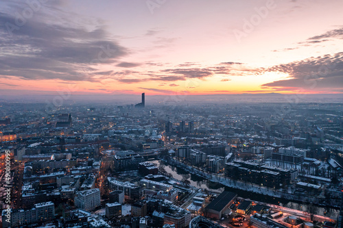 Polish city Wroclaw from a great height at sunset, beautiful sky