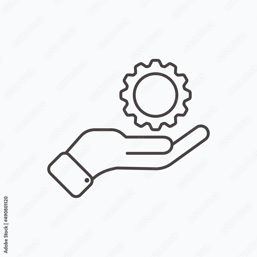 Development solution thin Line Icon. Gear in hand innovation logo. Illustration.