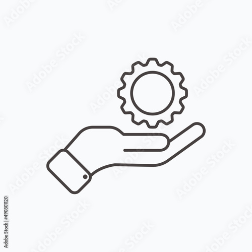 Development solution thin Line Icon. Gear in hand innovation logo. Illustration.