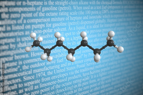 Molecular model of heptane, 3D rendering photo