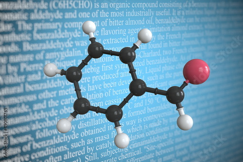Molecular model of benzaldehyde, 3D rendering photo
