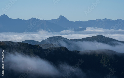 New Zealand landscape with fog and mountains