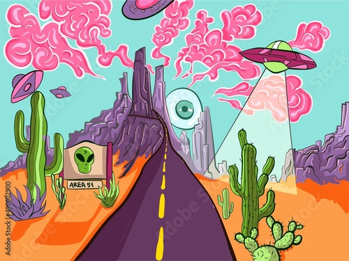 Fototapeta Trippy and psychedelic artwork of desert landscape from area 51