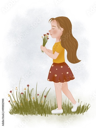 a girl in a clearing with flowers