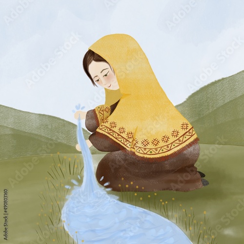 a girl in a headscarf is sitting by the river
