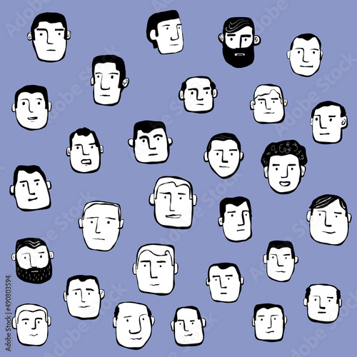 Portrait Drawings of Faces of Men in a Crowd