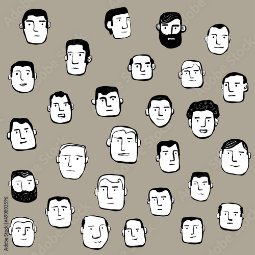 Portrait Drawings of Faces of Men in a Crowd
