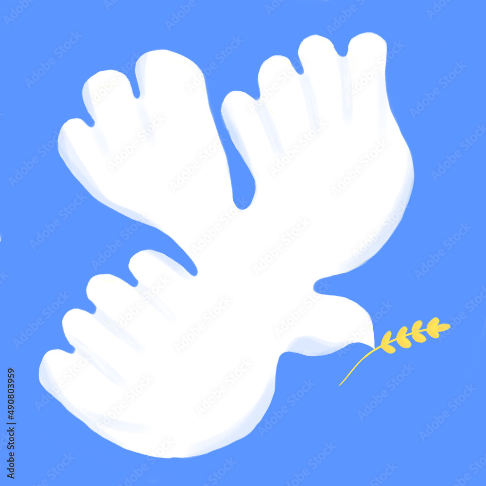 A white dove of peace against a blue sky carries a yellow ear of wheat. There is no war and no military aggression. Yes to peace and freedom! A white dove of peace against a blue sky carries a yellow ear of wheat. There is no war and no military aggression. Yes to peace and freedom!