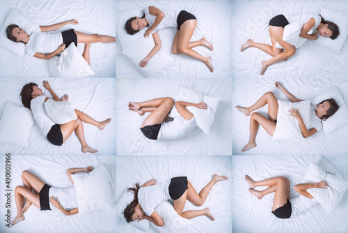 Top view of woman in different sleep positions. Tossing and turning at night. Insomnia, sleeping problems or sleep disorders