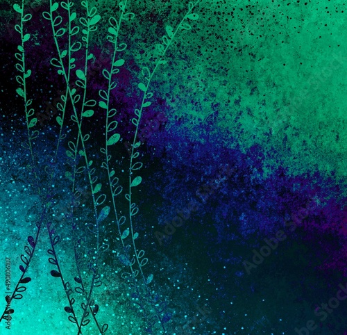 Turquoise blue green old vintage background with blur, gradient and grunge texture. Thin long twigs with leaves on a colored background. Watercolor texture with stains, splashes and strokes. 