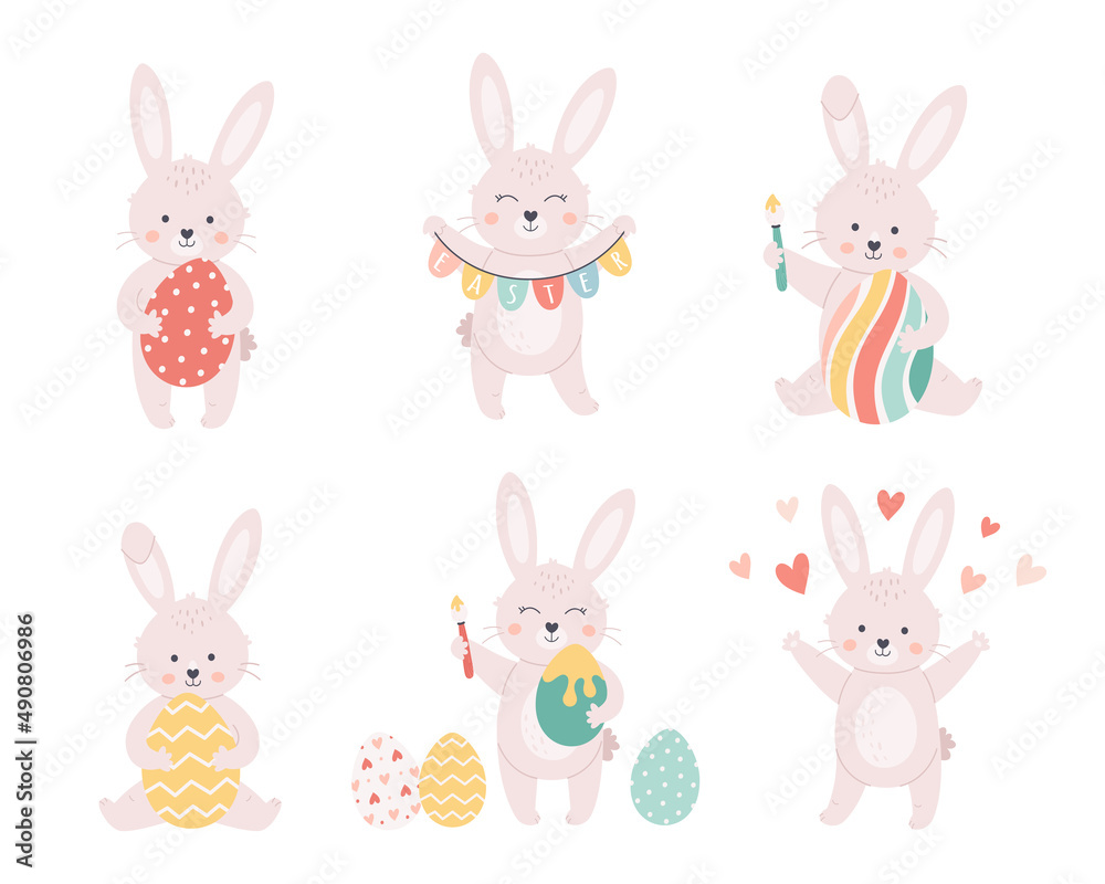 Fototapeta premium Easter bunnies collection. Bunny with Easter eggs. Happy Easter. Hand drawn vector illustration