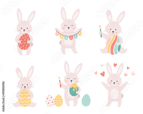 Easter bunnies collection. Bunny with Easter eggs. Happy Easter. Hand drawn vector illustration  
