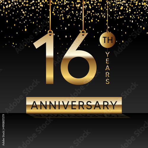 16 years anniversary, vector design for anniversary celebration with gold color on black background, simple and luxury design. logo vector template
