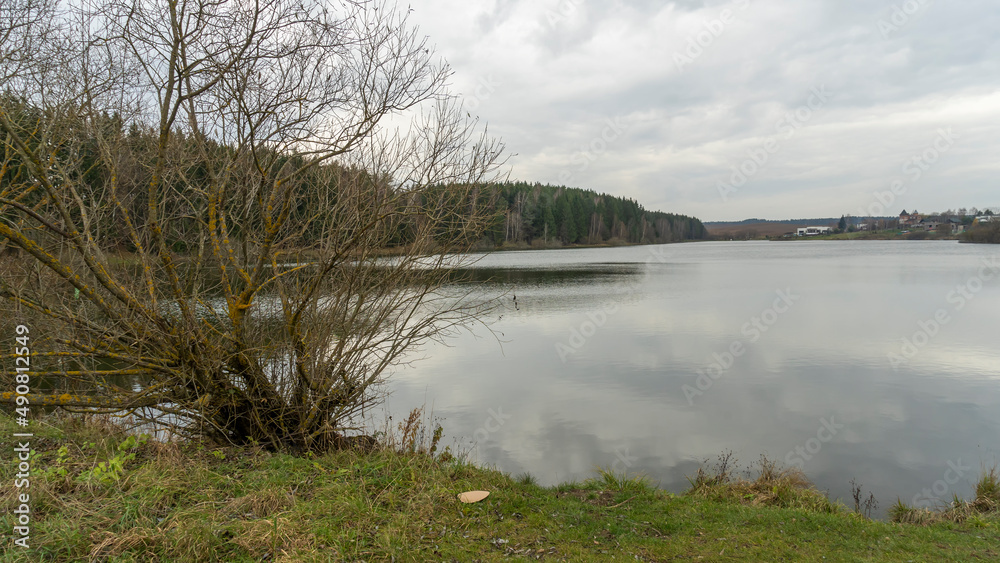 On the shore of a forest lake. Grey clouds and the trees reflected symmetrically in the water. Lake beach panorama.