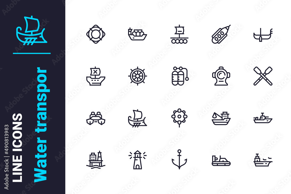 Various types of water transport icons set
