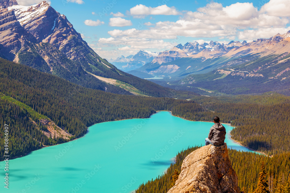 Hiker With Stunning View of Peyto Lake in the Canadian Rockies of Banff National Park