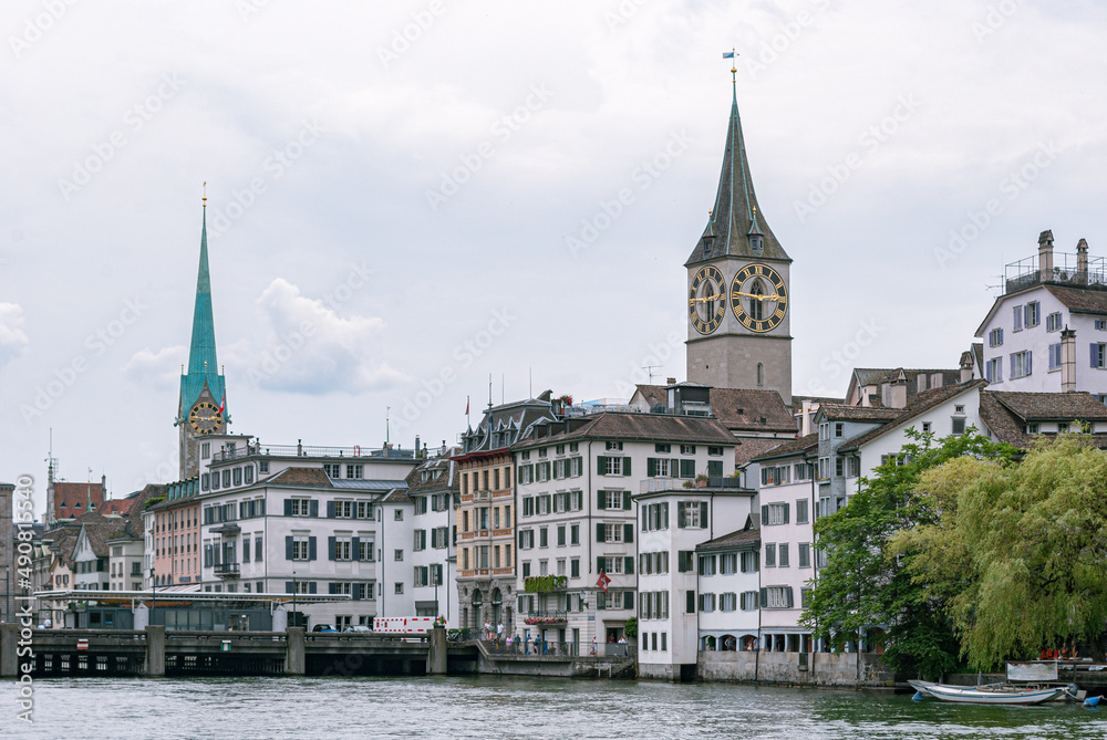 Fototapeta premium View of Zurich with the river Limmat in the foreground