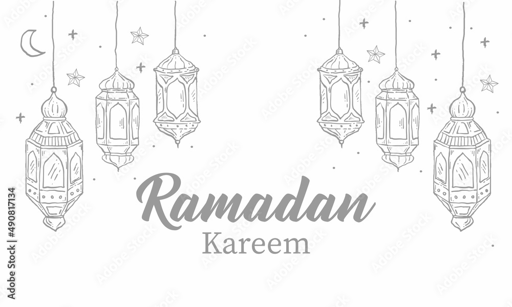 Ramadan Kareem greeting card with one line islamic ornament and calligraphy means 