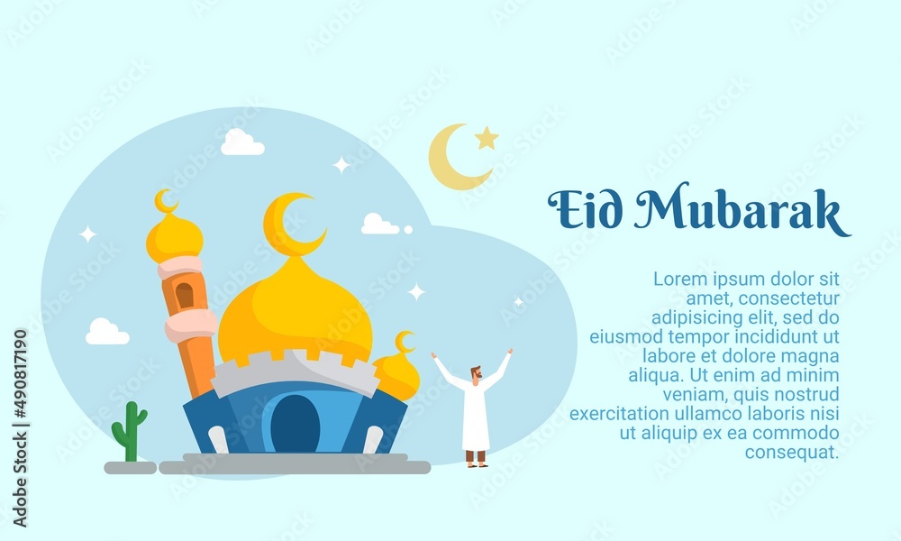 Eid Mubarak greeting card template. Vector graphic illustration. Mosque design concept with crescent and star in flat design cartoon style, Perfect for banner or poster.