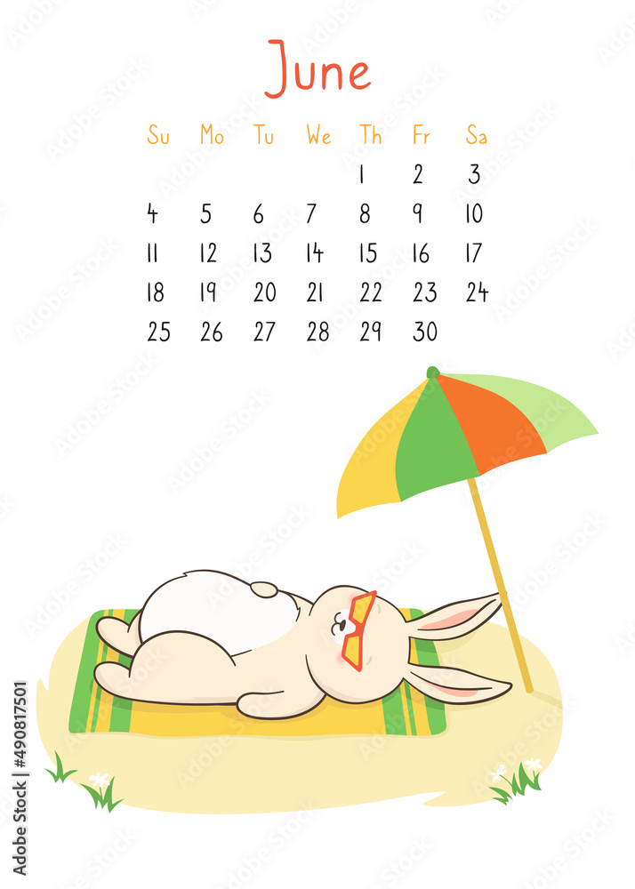 Calendar 2023 with rabbit, calendar page june planner organizer. Bunny lying on beach under umbrella. Character mascot symbol year. Cartoon template, hare outline design template, month poster vector Stock Vector | Adobe Stock Calendar 2023 with rabbit, calendar page june planner organizer. Bunny lying on beach under umbrella. Character mascot symbol year. Cartoon template, hare outline design template, month poster vector Stock Vector | Adobe Stock