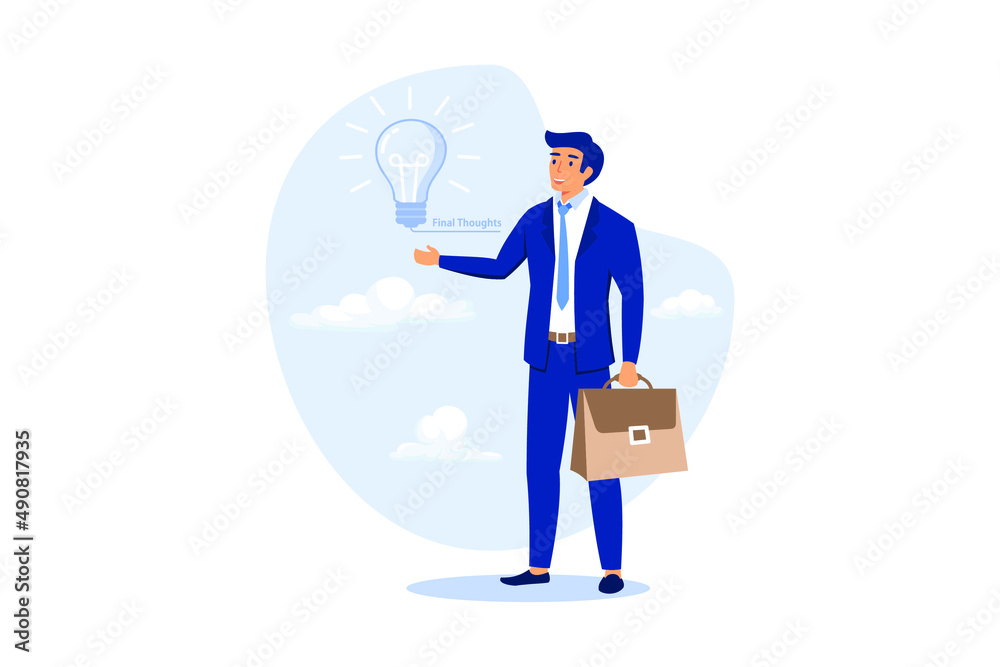 Final thoughts, conclusion or summary of all study topics, thinking about solutions, result, outcome or opinion from business case study concept, businessman with lightbulb idea of final thoughts.