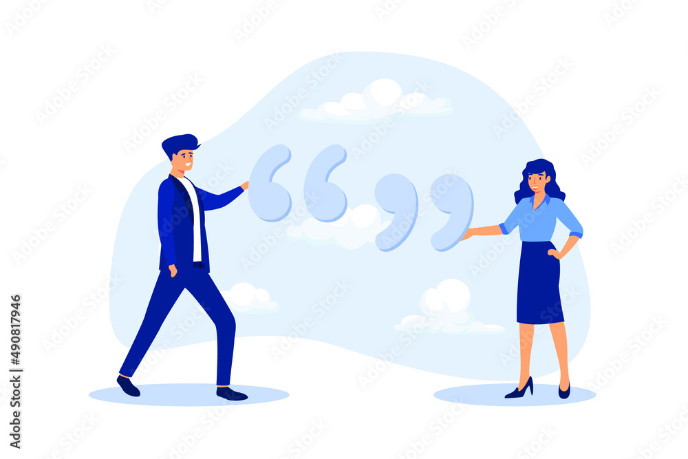 Inspiration quotes to motivate people, business quotation or message to achieve success concept, smart businessman and businesswoman standing with quotation mark sign. Inspiration quotes to motivate people, business quotation or message to achieve success concept, smart businessman and businesswoman standing with quotation mark sign.