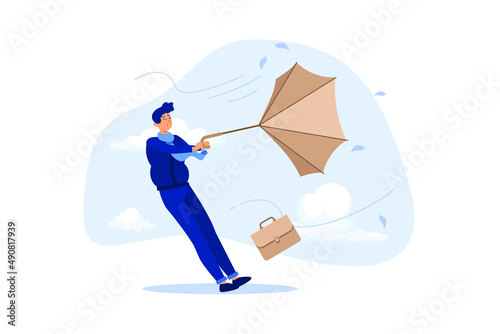 Business difficulty or obstacle in economic crisis, mistake or accident causing problem or failure, depressed and anxiety concept, frustrated businessman holding broken umbrella in strong wind storm.